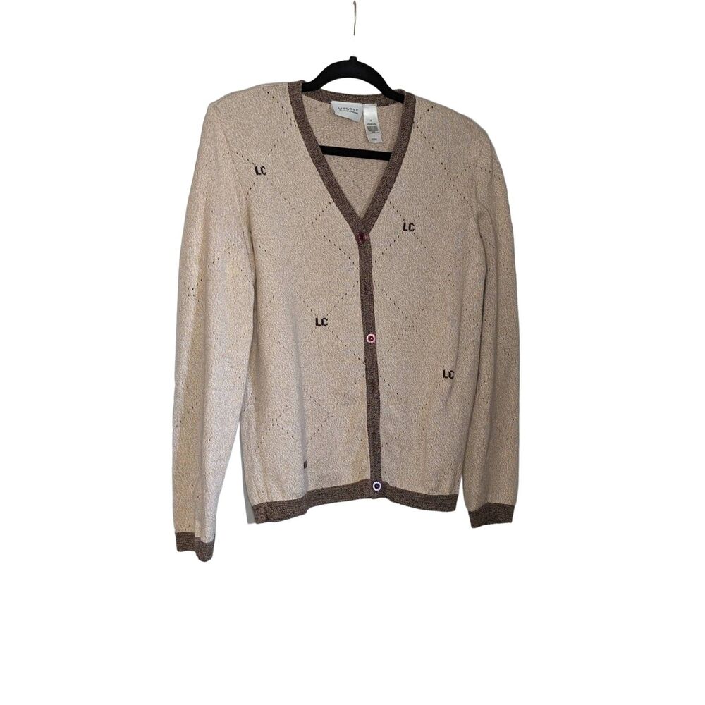 1990's LIZGOLF Liz Claiborne 100% Cotton V Neck Brown Tan  Knit Sweater Size: M